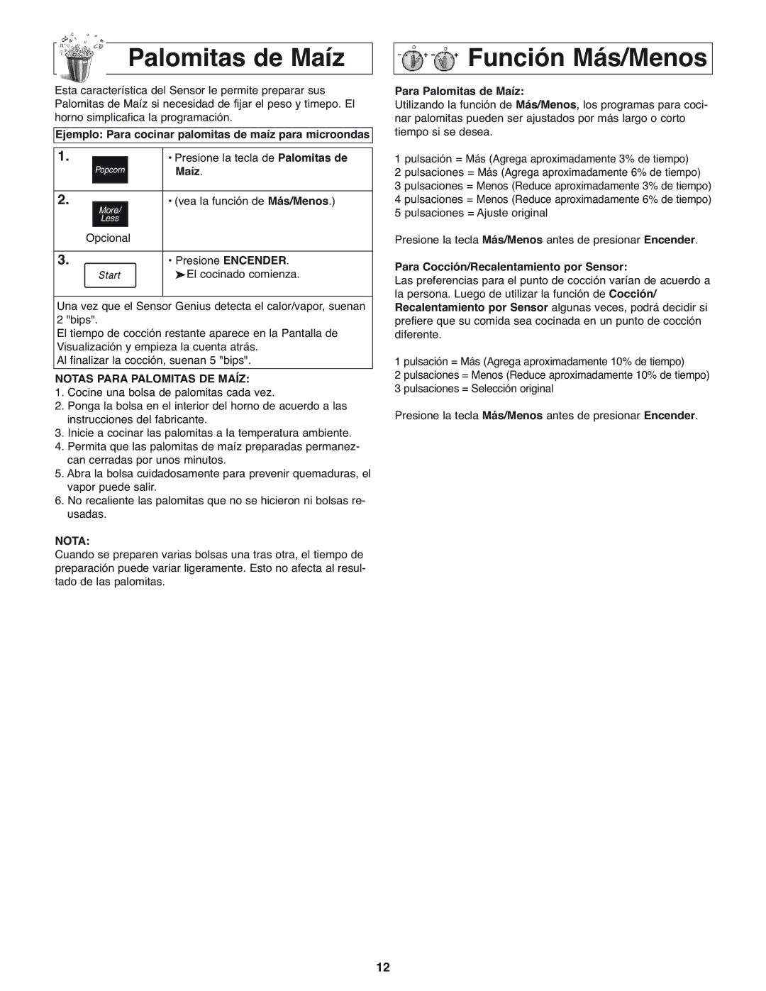 Panasonic NN-H275 operating instructions Palomitas de Maíz Función Más/Menos, Notas Para Palomitas DE Maíz 