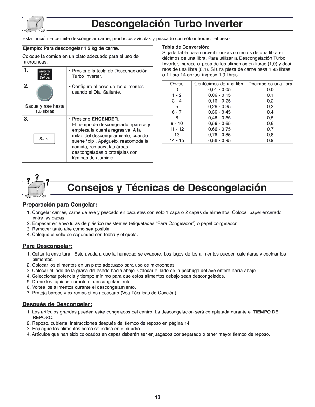 Panasonic NN-H275 Descongelación Turbo Inverter, Consejos y Técnicas de Descongelación, Preparación para Congelar 