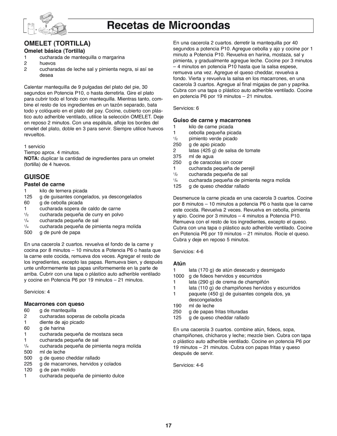 Panasonic NN-H275 operating instructions Recetas de Microondas, Omelet Tortilla, Guisoe 