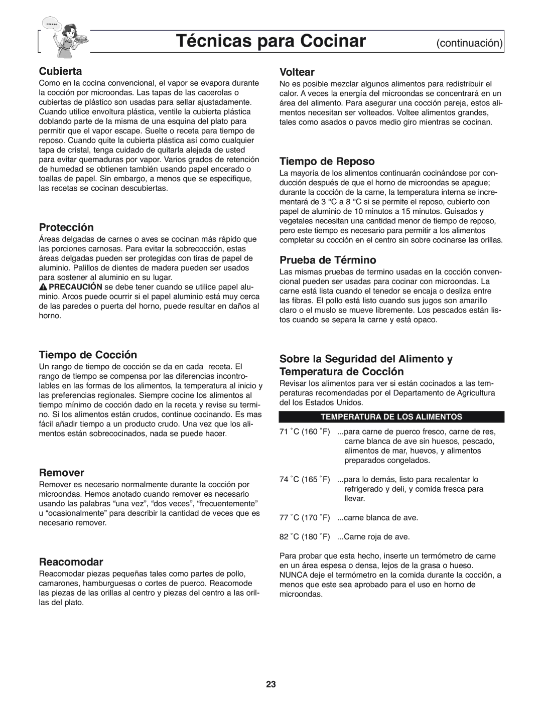 Panasonic NN-H275 Cubierta, Protección, Voltear, Tiempo de Reposo, Prueba de Término, Tiempo de Cocción, Remover 