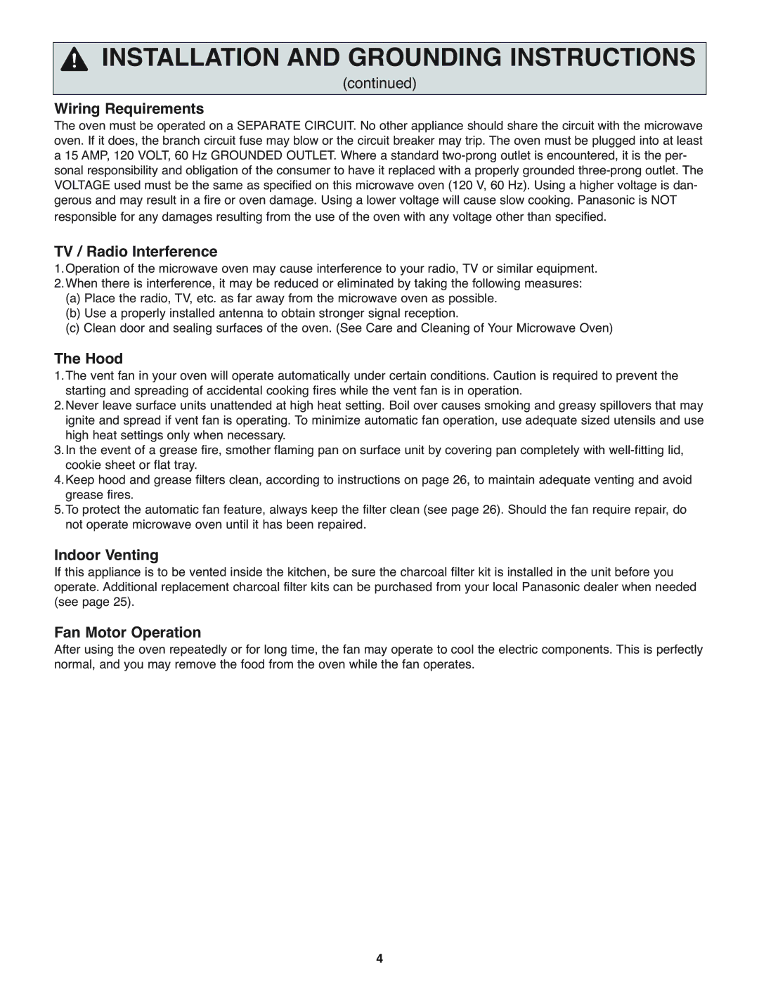 Panasonic NN-H275 Wiring Requirements, TV / Radio Interference, Hood, Indoor Venting, Fan Motor Operation 