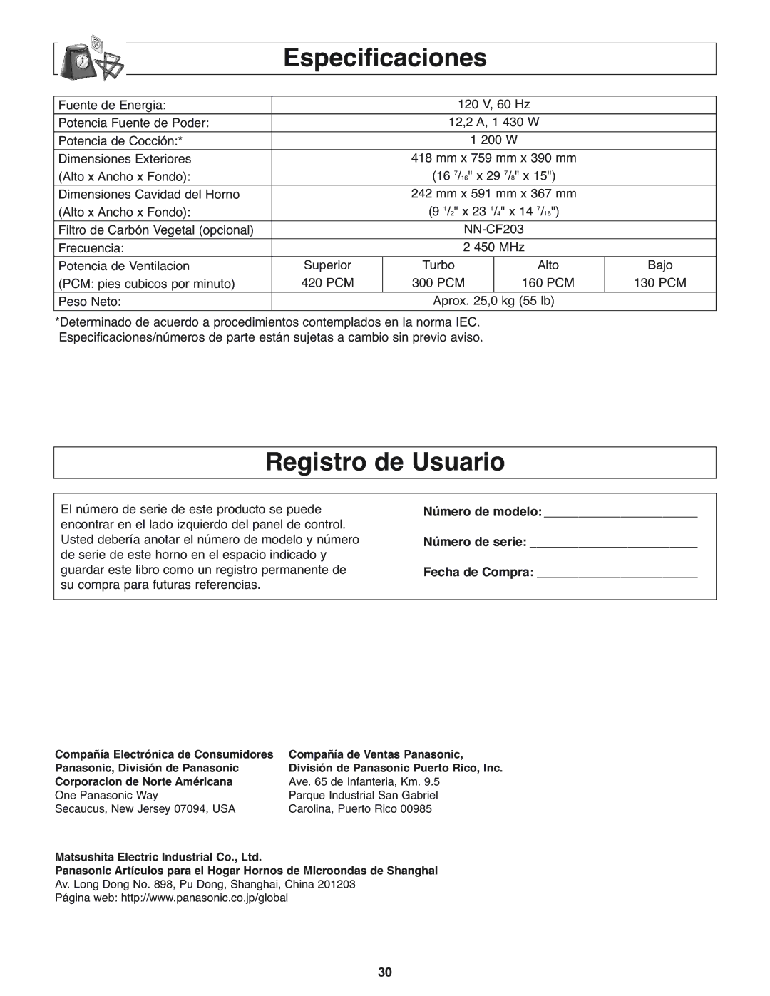 Panasonic NN-H275 Especificaciones, Registro de Usuario, Número de modelo Número de serie Fecha de Compra 