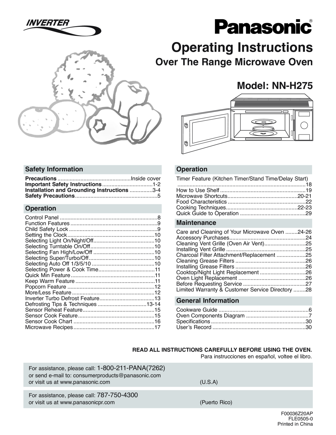 Panasonic operating instructions Operating Instructions, Over The Range Microwave Oven Model NN-H275, Operation 