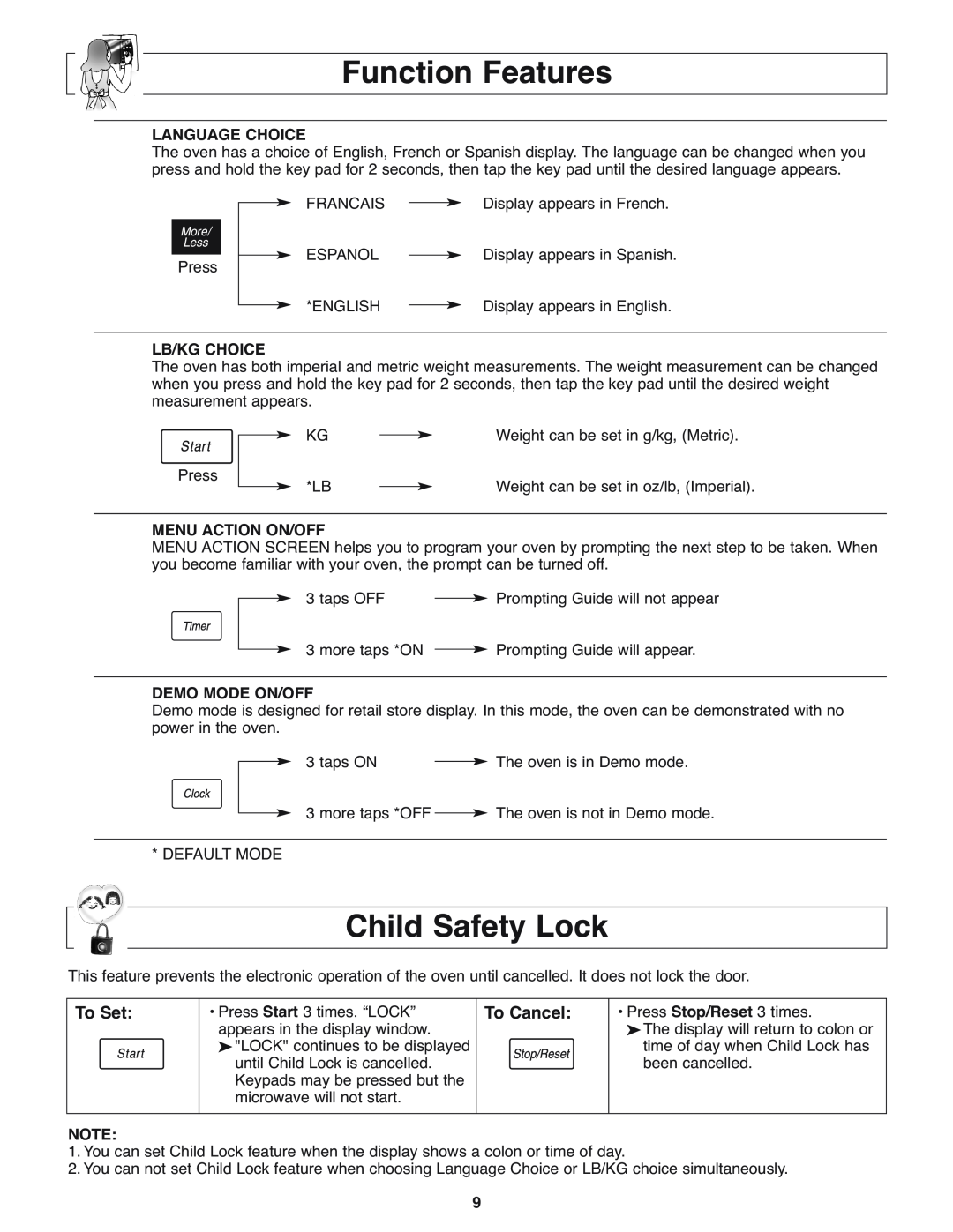Panasonic NN-H275 operating instructions Function Features, Child Safety Lock, To Set, To Cancel 