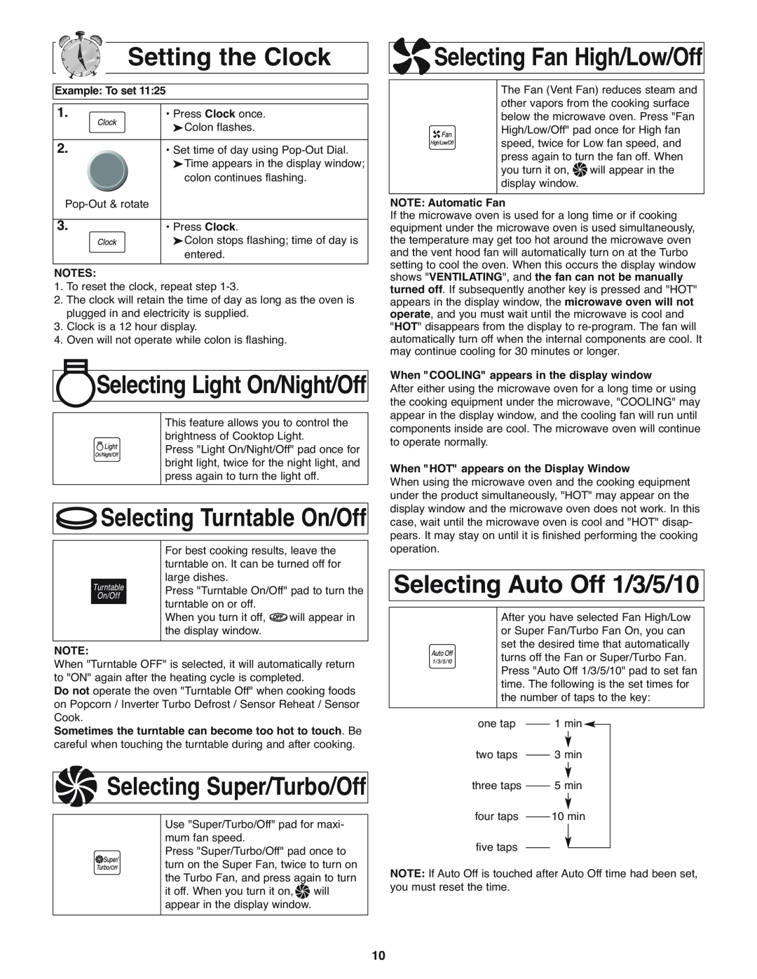 Panasonic NN-H275 Setting the Clock, Selecting Auto Off 1/3/5/10, Selecting Fan High/Low/Off, Selecting Turntable On/Off 
