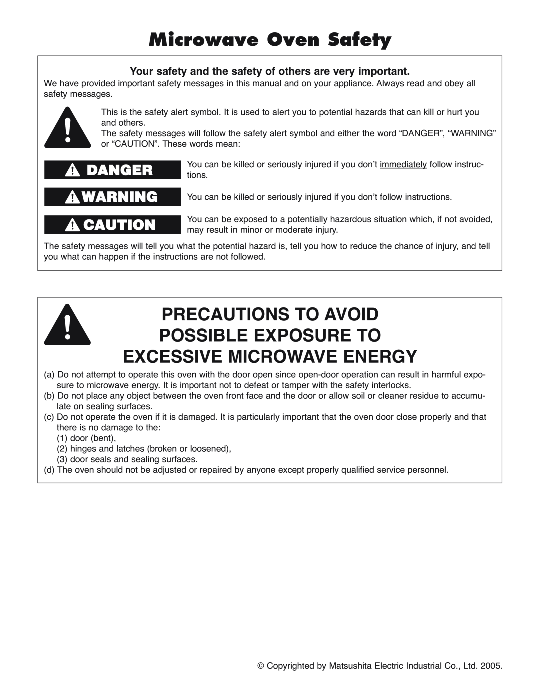 Panasonic NN-H275 Microwave Oven Safety, Precautions To Avoid Possible Exposure To Excessive Microwave Energy, Danger 