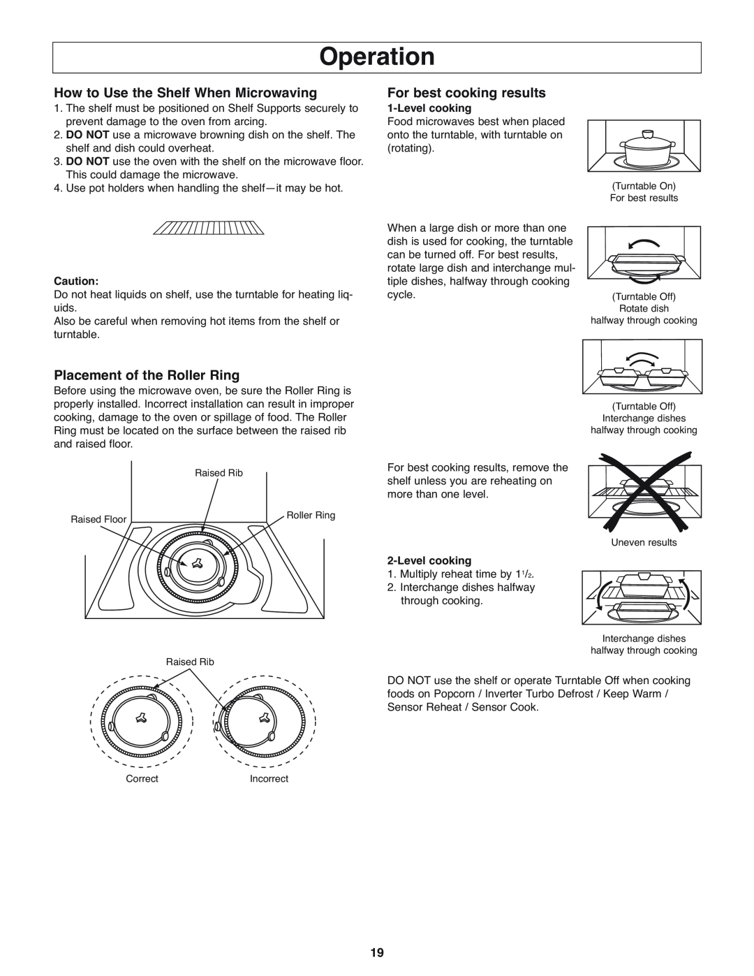 Panasonic NN-H275 Operation, How to Use the Shelf When Microwaving, For best cooking results, Placement of the Roller Ring 