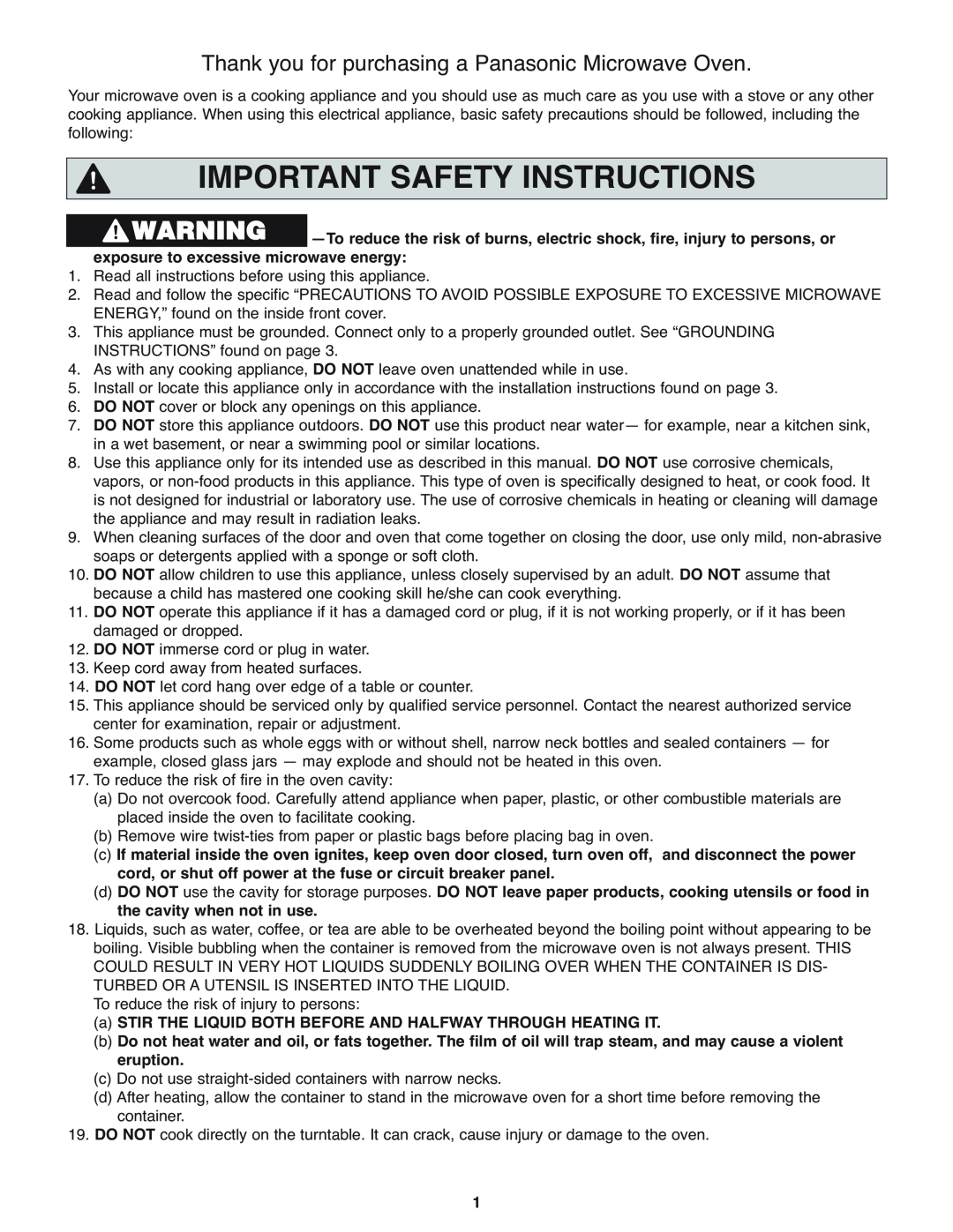 Panasonic NN-H275 operating instructions Important Safety Instructions, Thank you for purchasing a Panasonic Microwave Oven 