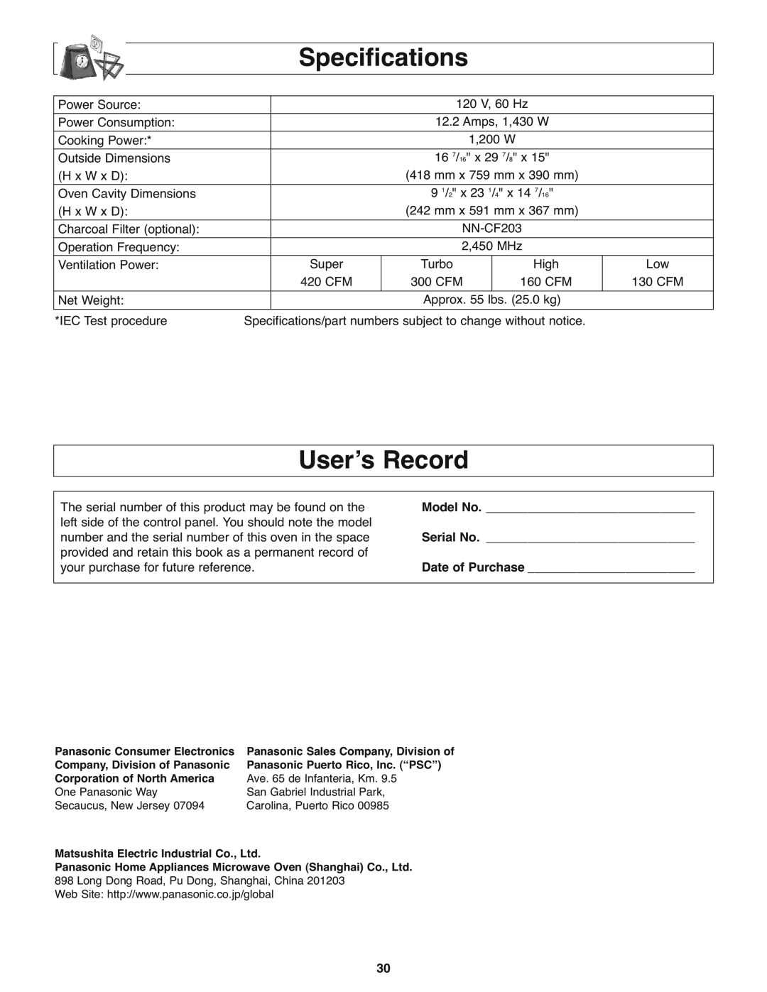 Panasonic NN-H275 operating instructions User’s Record, Specifications 