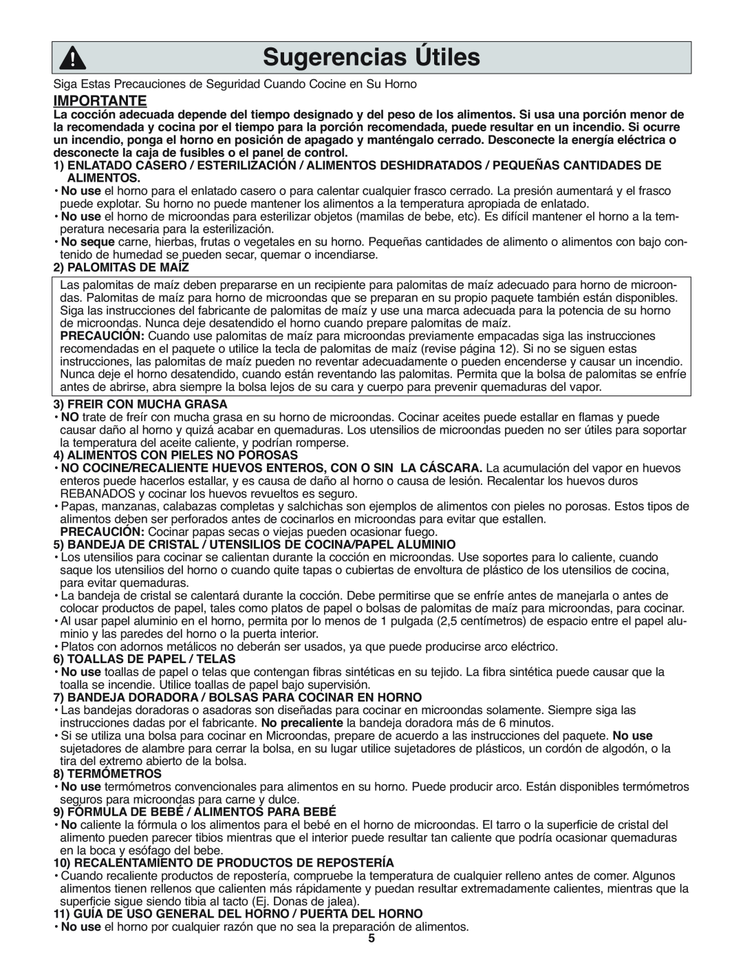 Panasonic NN-H275 operating instructions Sugerencias Útiles, Importante 