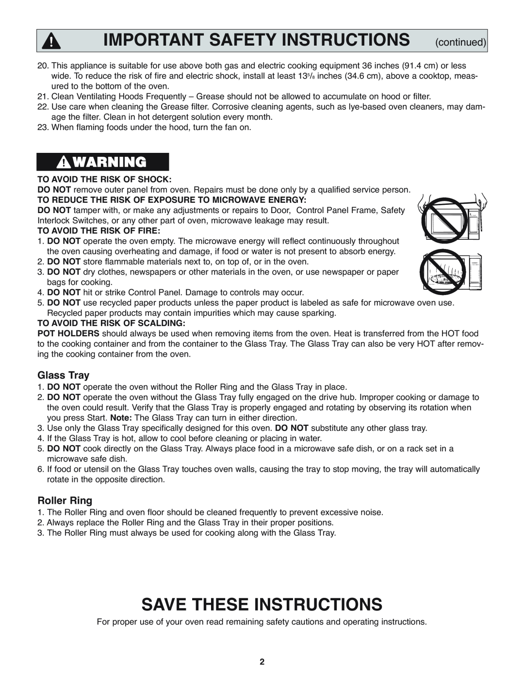 Panasonic NN-H275 IMPORTANT SAFETY INSTRUCTIONS continued, Save These Instructions, Glass Tray, Roller Ring 