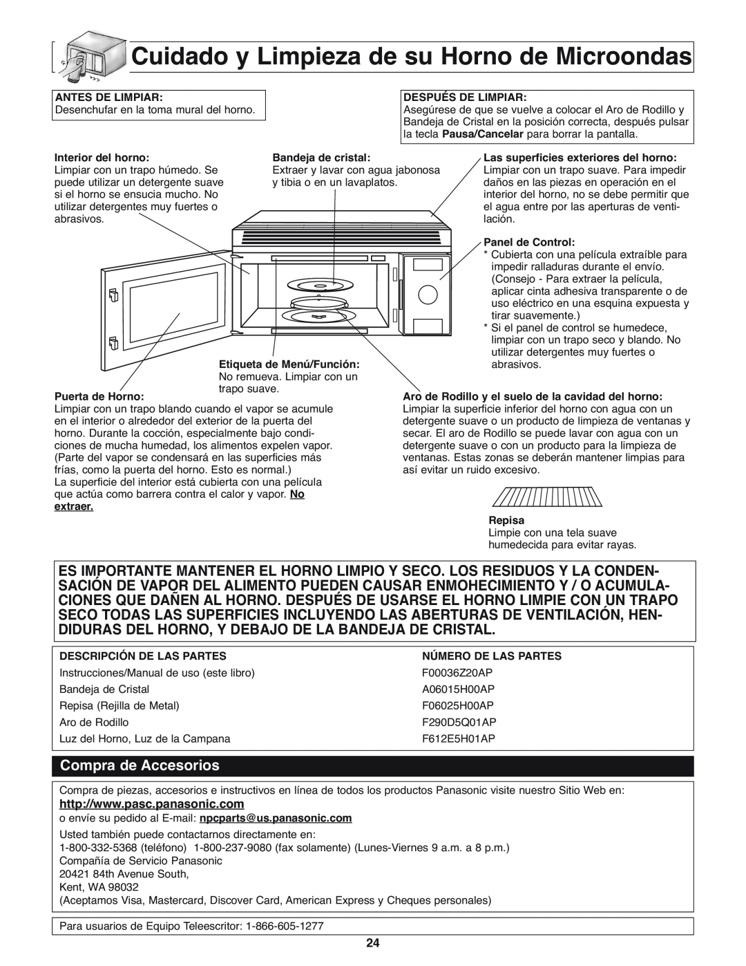 Panasonic NN-H275 operating instructions Cuidado y Limpieza de su Horno de Microondas, Compra de Accesorios 