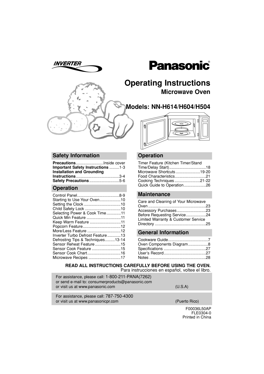 Panasonic NN-H604 important safety instructions Operating Instructions, Safety Information, Operation, Maintenance 