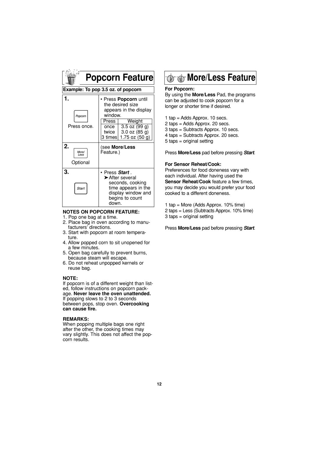 Panasonic NN-H504, NN-H614, NN-H604 important safety instructions Popcorn Feature, More/Less Feature, Remarks 