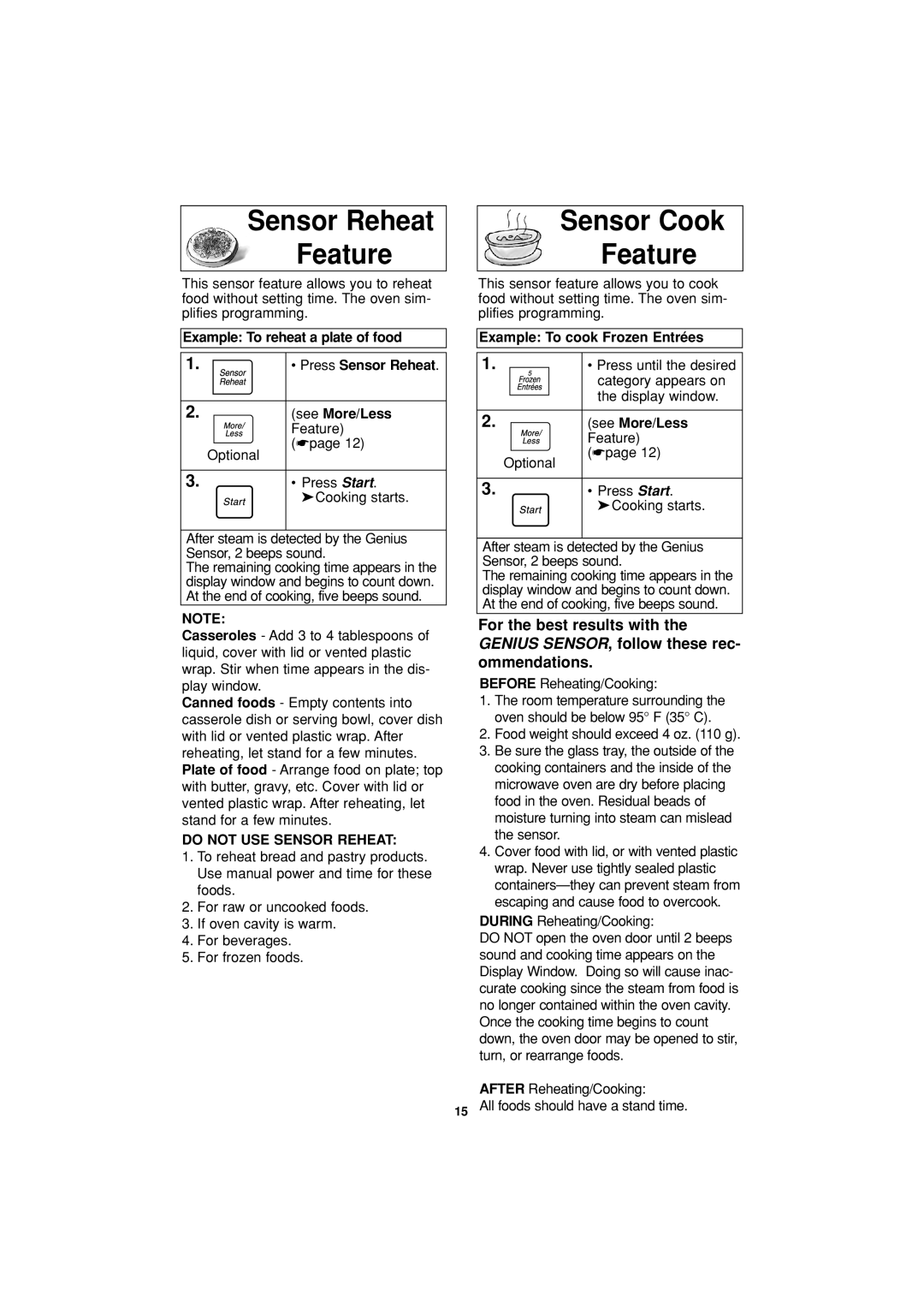 Panasonic NN-H504 Sensor Reheat Feature, Sensor Cook Feature, Do not USE Sensor Reheat, Example To cook Frozen Entrées 