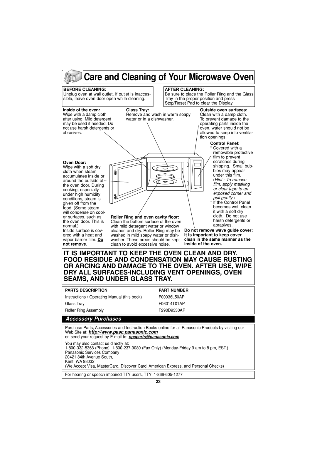 Panasonic NN-H604, NN-H614, NN-H504 important safety instructions Care and Cleaning of Your Microwave Oven, Before Cleaning 