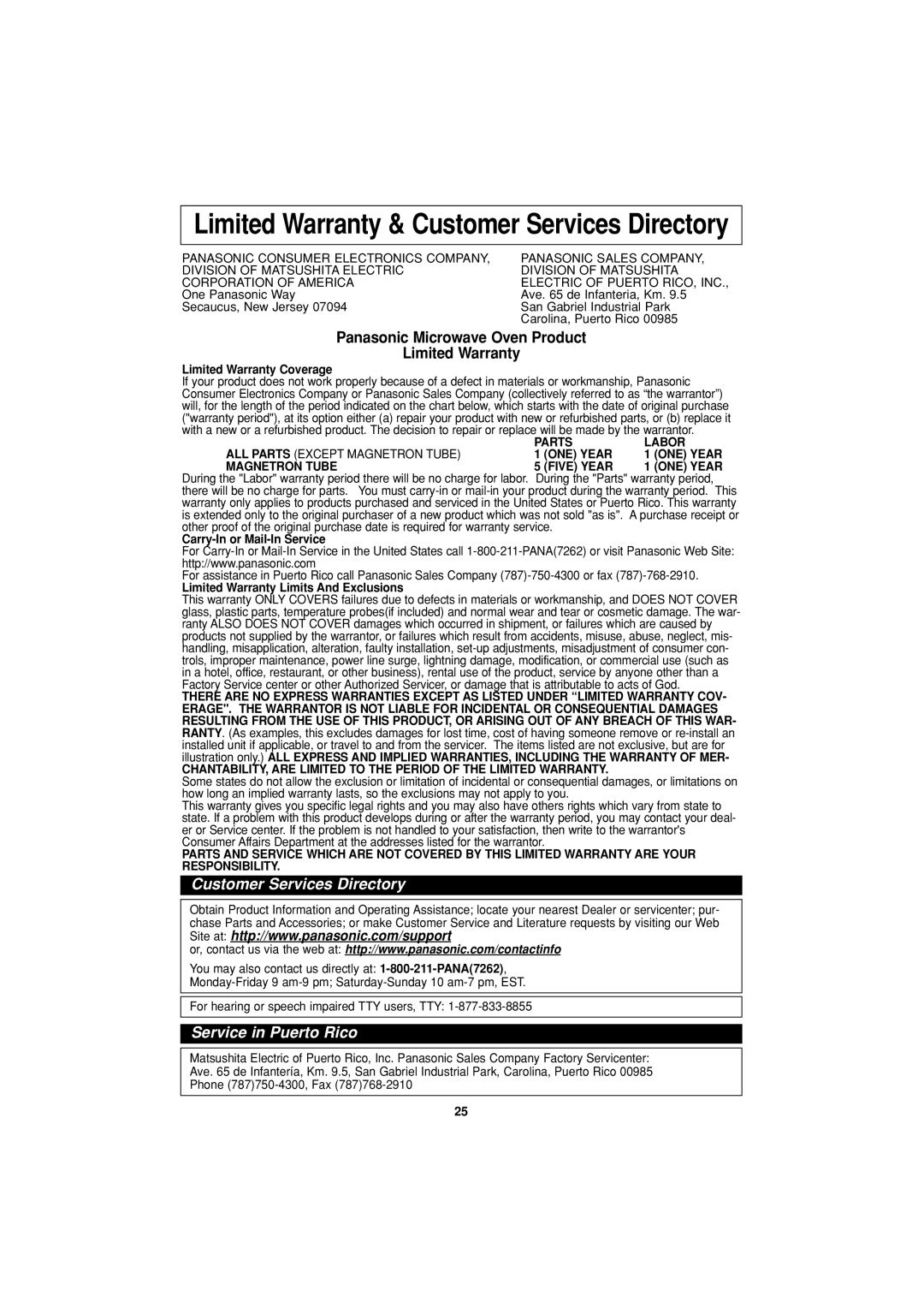 Panasonic NN-H614 Limited Warranty & Customer Services Directory, Panasonic Microwave Oven Product Limited Warranty 