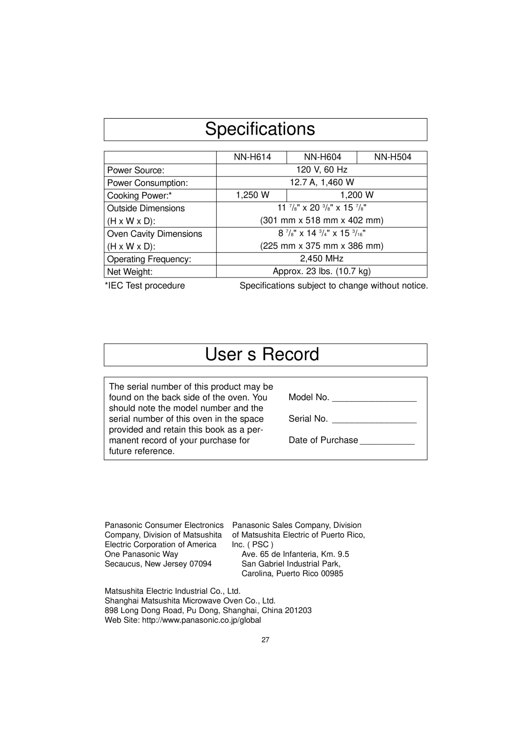 Panasonic NN-H504, NN-H614, NN-H604 Specifications, User’s Record, Model No, Serial No, Date of Purchase 