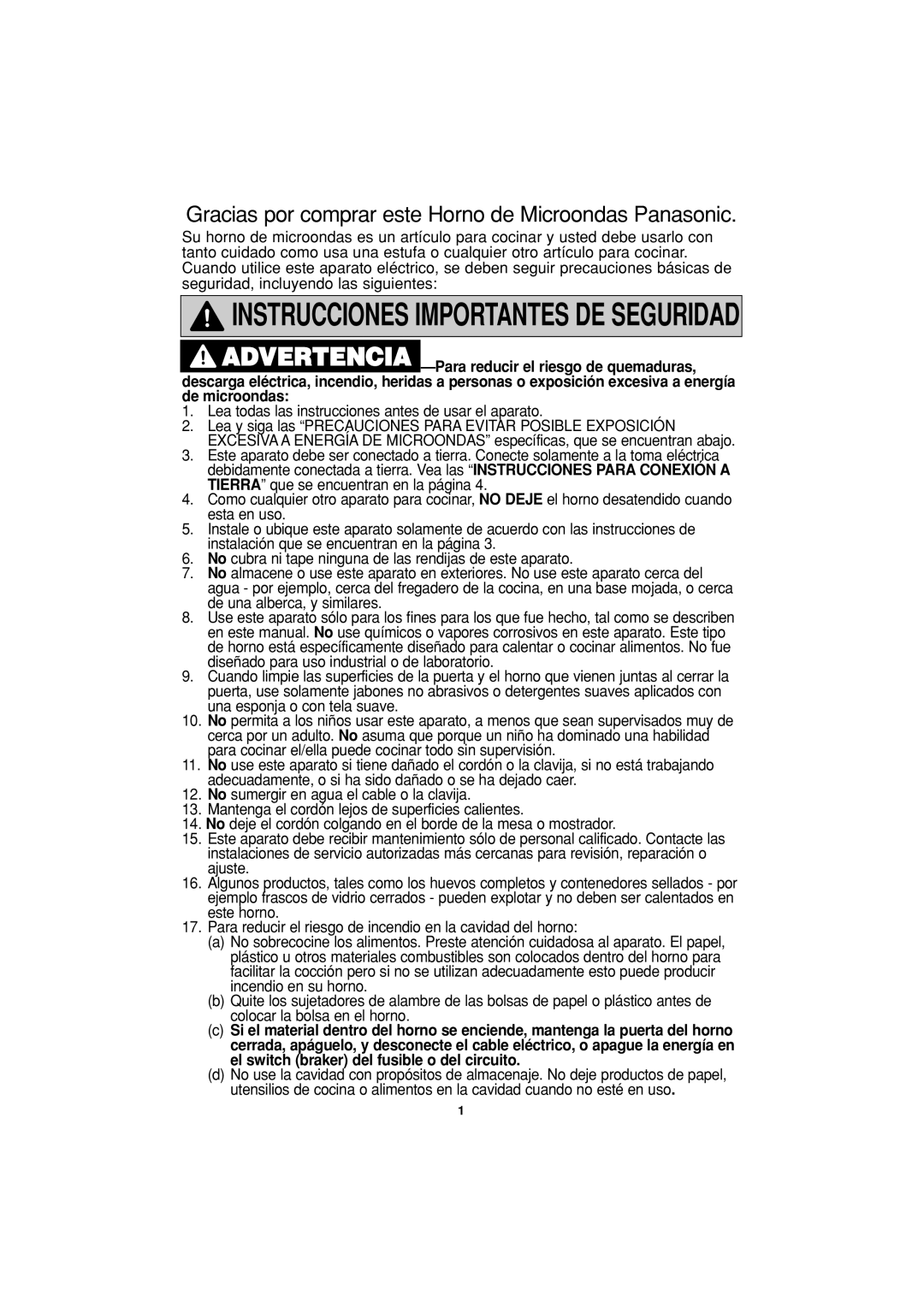 Panasonic NN-H614, NN-H604, NN-H504 important safety instructions Instrucciones Importantes DE Seguridad 