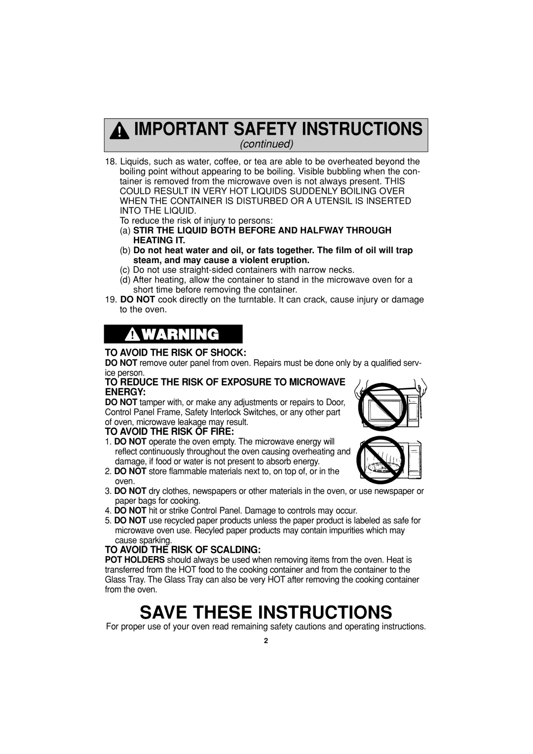 Panasonic NN-H604, NN-H614, NN-H504 important safety instructions To Avoid the Risk of Shock 