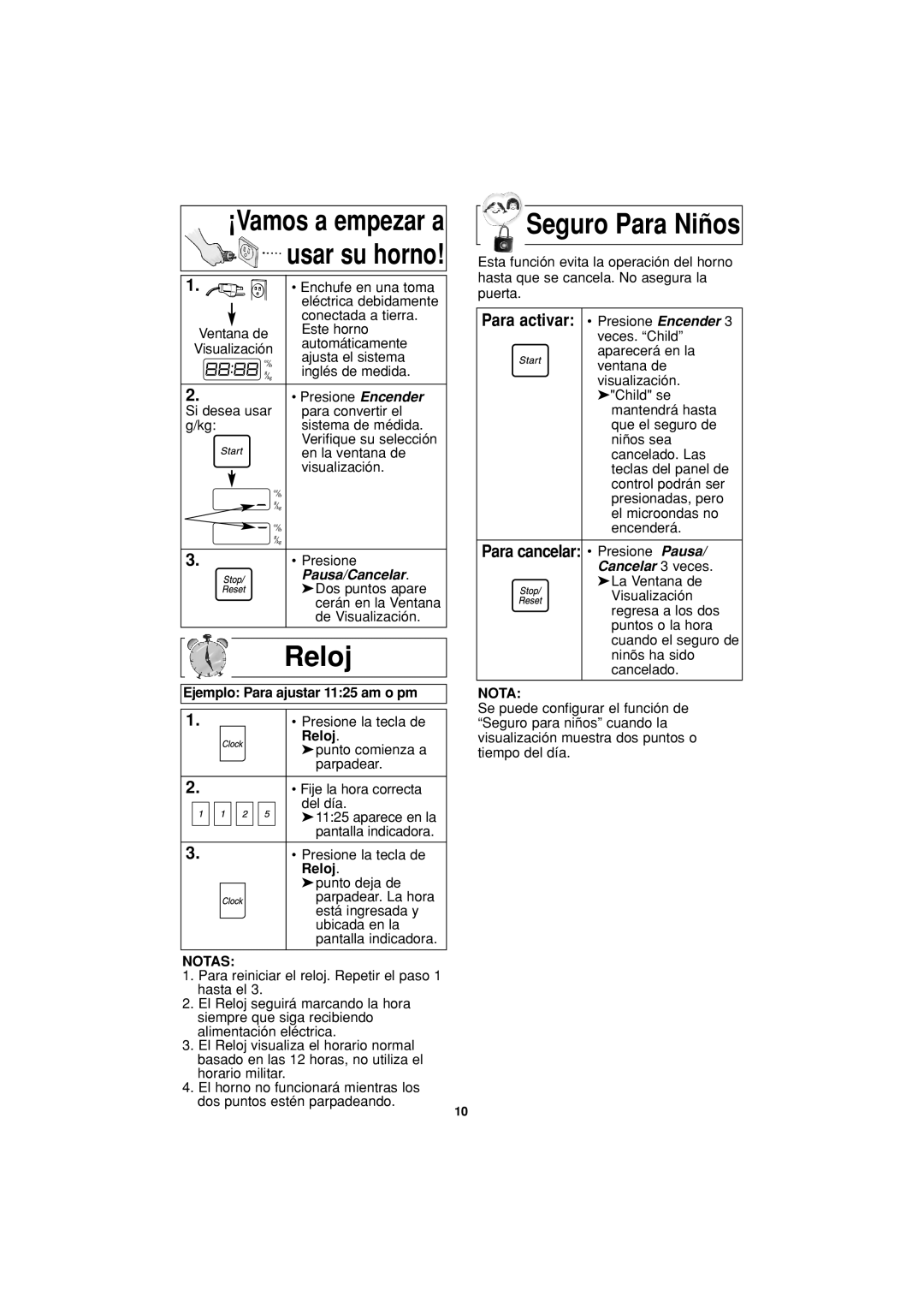 Panasonic NN-H614, NN-H604, NN-H504 important safety instructions Reloj, Ejemplo Para ajustar 1125 am o pm, Notas 