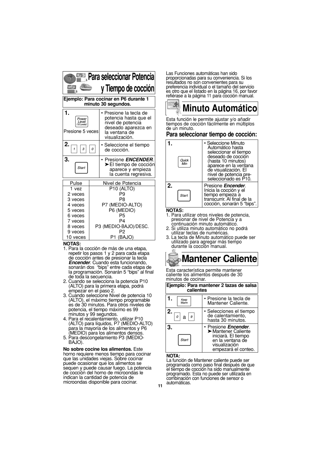 Panasonic NN-H604, NN-H614, NN-H504 Mantener Caliente, Minuto Automático, Para seleccionar tiempo de cocción 