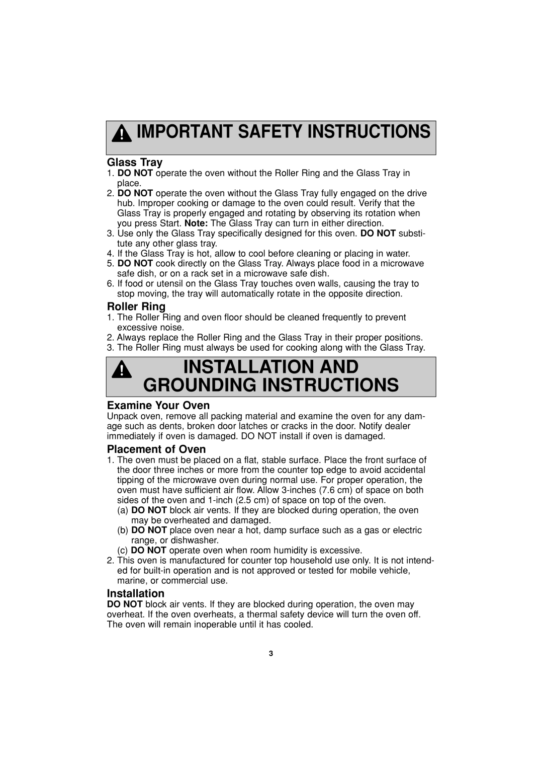 Panasonic NN-H504, NN-H614, NN-H604 Glass Tray, Roller Ring, Examine Your Oven, Placement of Oven, Installation 