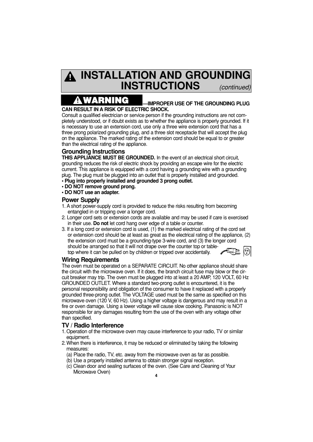 Panasonic NN-H614, NN-H604, NN-H504 Grounding Instructions, Power Supply, Wiring Requirements, TV / Radio Interference 