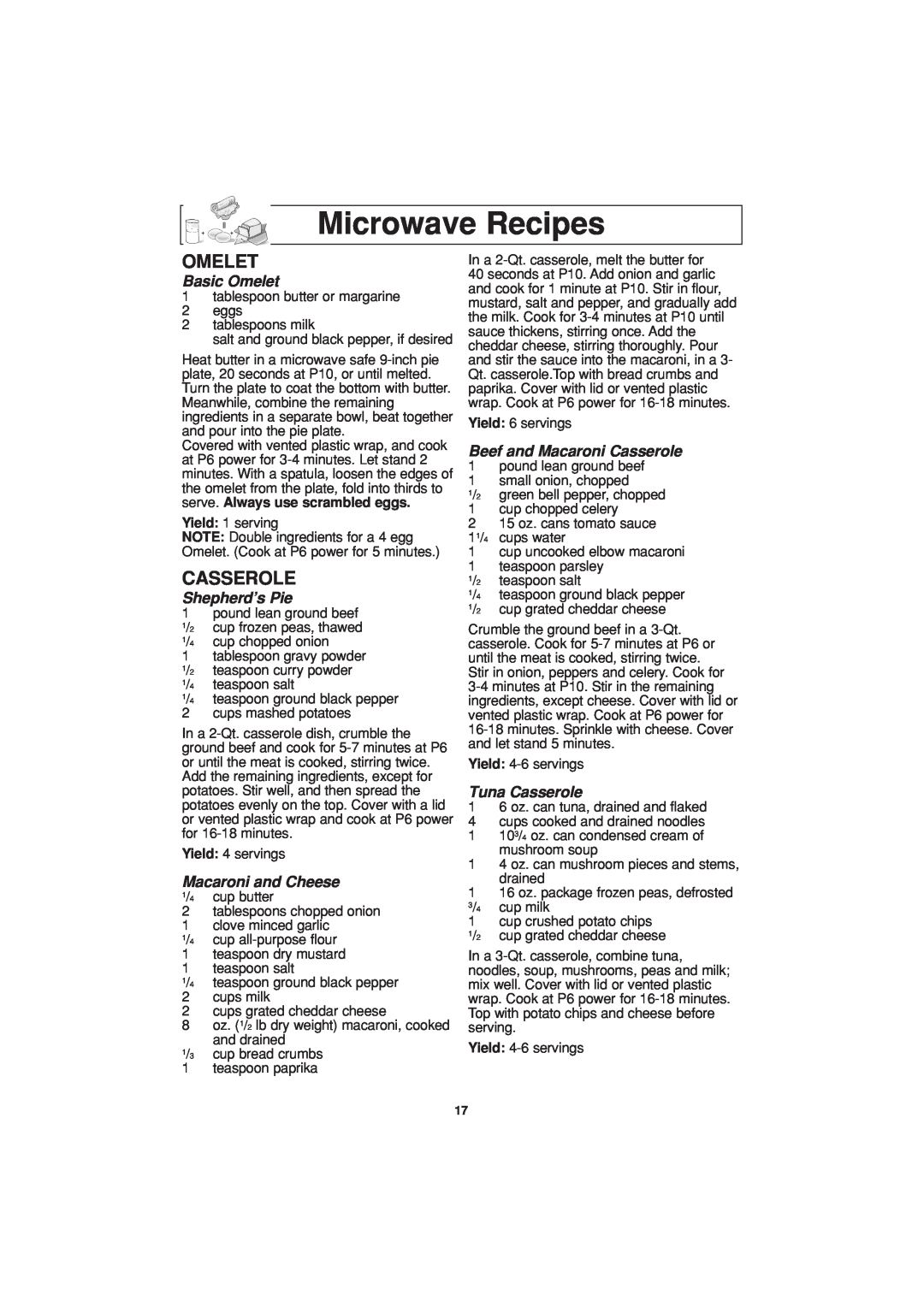 Panasonic NN-H604, NN-H614 Microwave Recipes, Basic Omelet, Shepherd’s Pie, Macaroni and Cheese, Tuna Casserole 