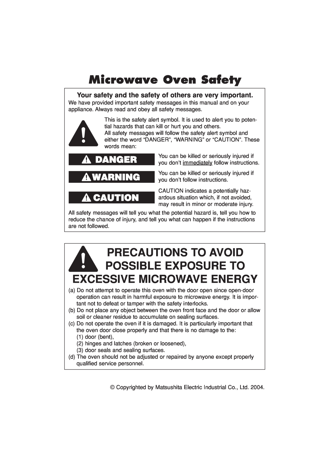 Panasonic NN-H504 Excessive Microwave Energy, Precautions To Avoid Possible Exposure To, Danger, Microwave Oven Safety 