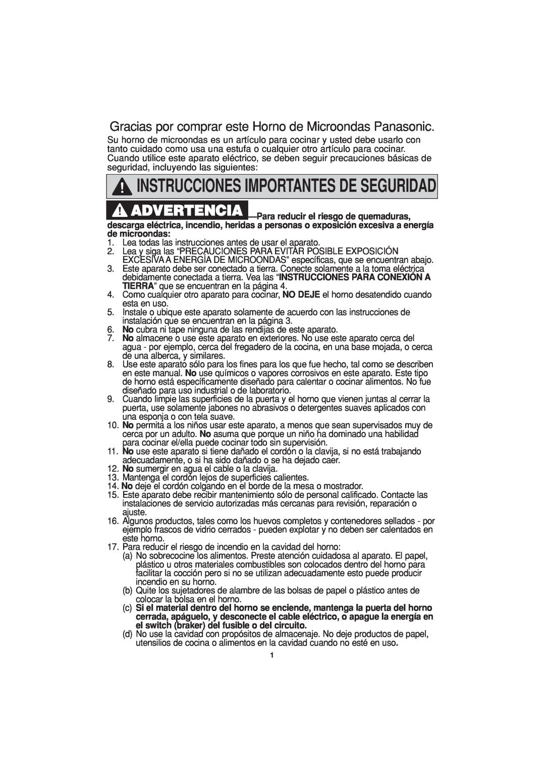 Panasonic NN-H614, NN-H604, NN-H504 important safety instructions Instrucciones Importantes De Seguridad 