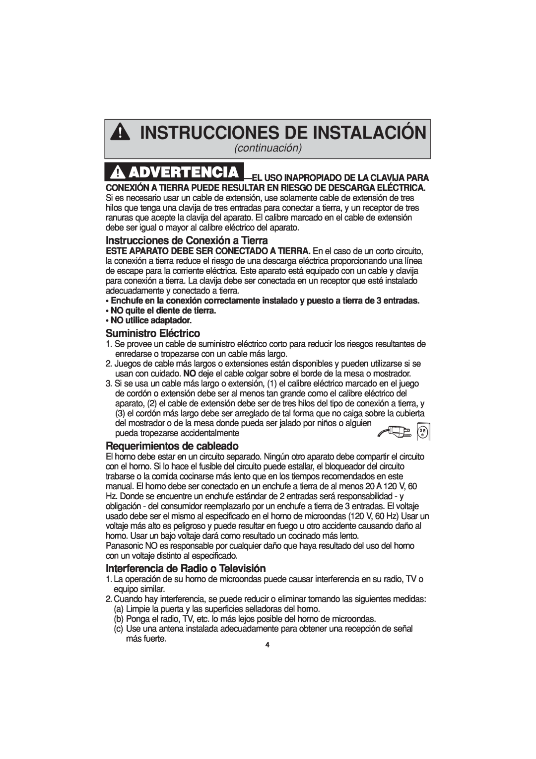 Panasonic NN-H614 Instrucciones de Conexión a Tierra, Suministro Eléctrico, Requerimientos de cableado, continuación 