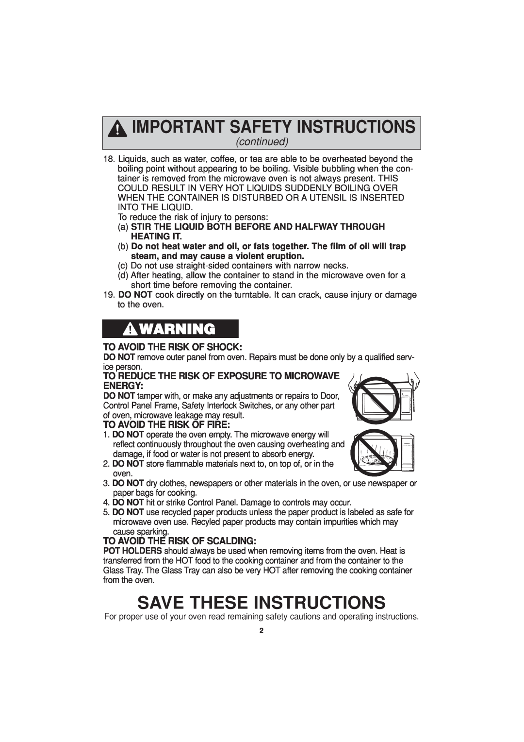 Panasonic NN-H604 Save These Instructions, continued, To Avoid The Risk Of Shock, Energy, To Avoid The Risk Of Fire 