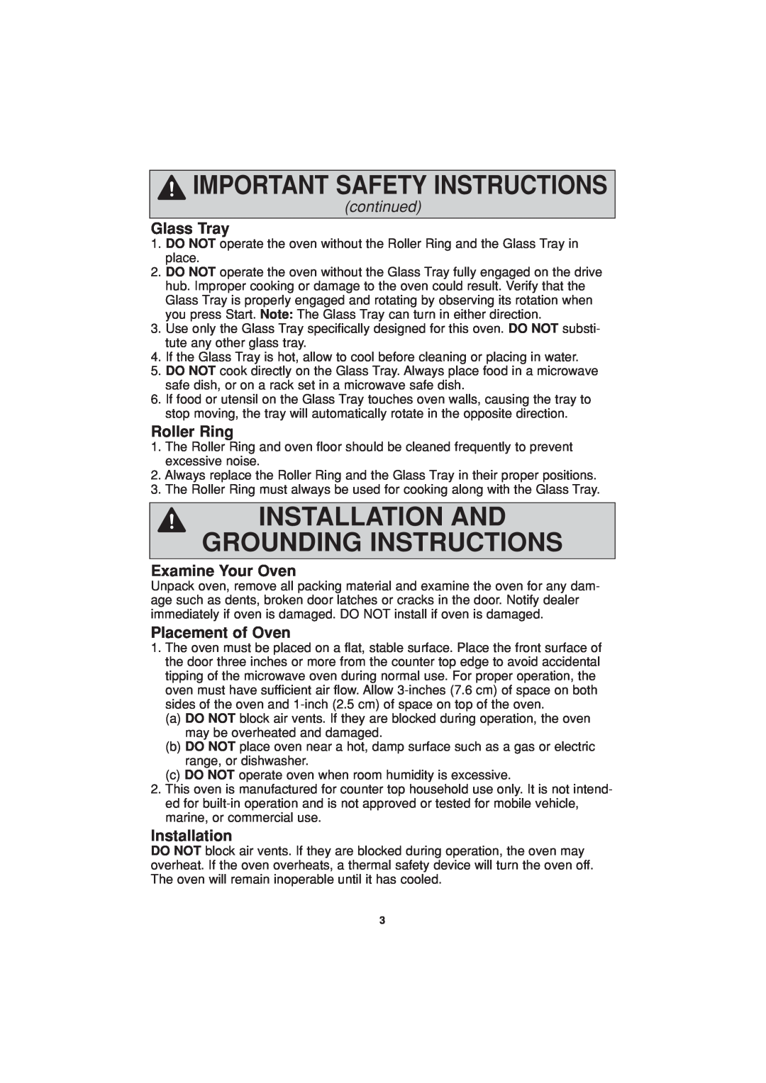 Panasonic NN-H504 Installation And Grounding Instructions, Glass Tray, Roller Ring, Examine Your Oven, Placement of Oven 