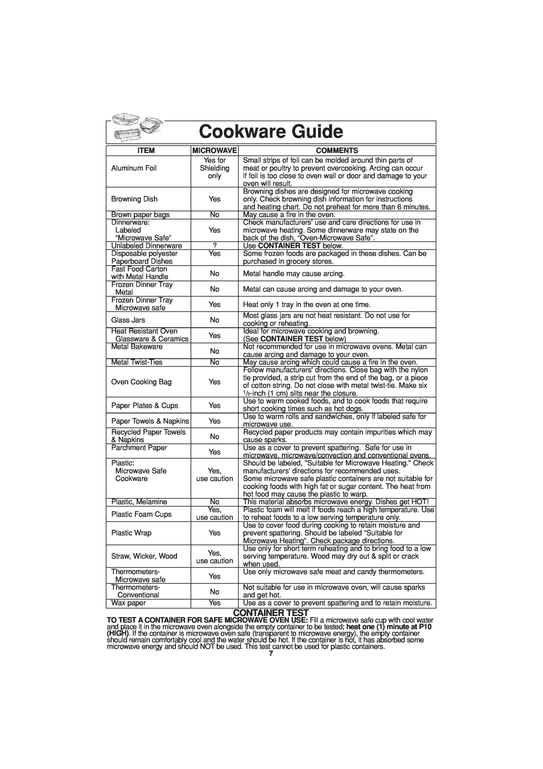 Panasonic NN-H614, NN-H604, NN-H504 important safety instructions Cookware Guide, Container Test 