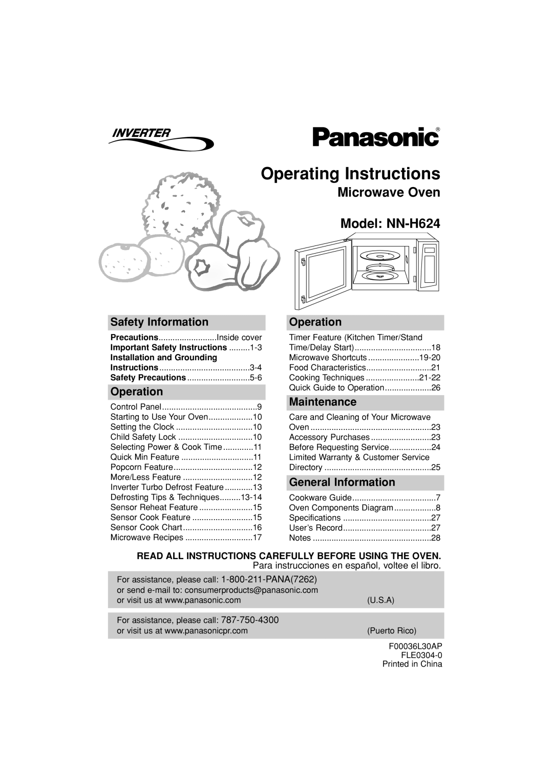 Panasonic NN-H624 operating instructions Operating Instructions, Safety Information, Operation, Maintenance 