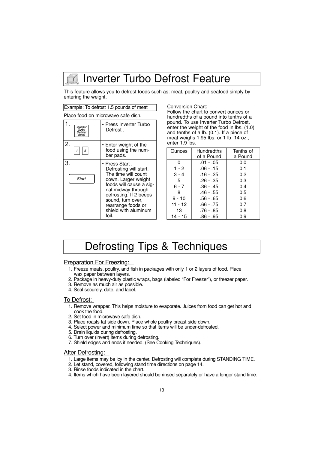 Panasonic NN-H624 Inverter Turbo Defrost Feature, Defrosting Tips & Techniques, Example To defrost 1.5 pounds of meat 