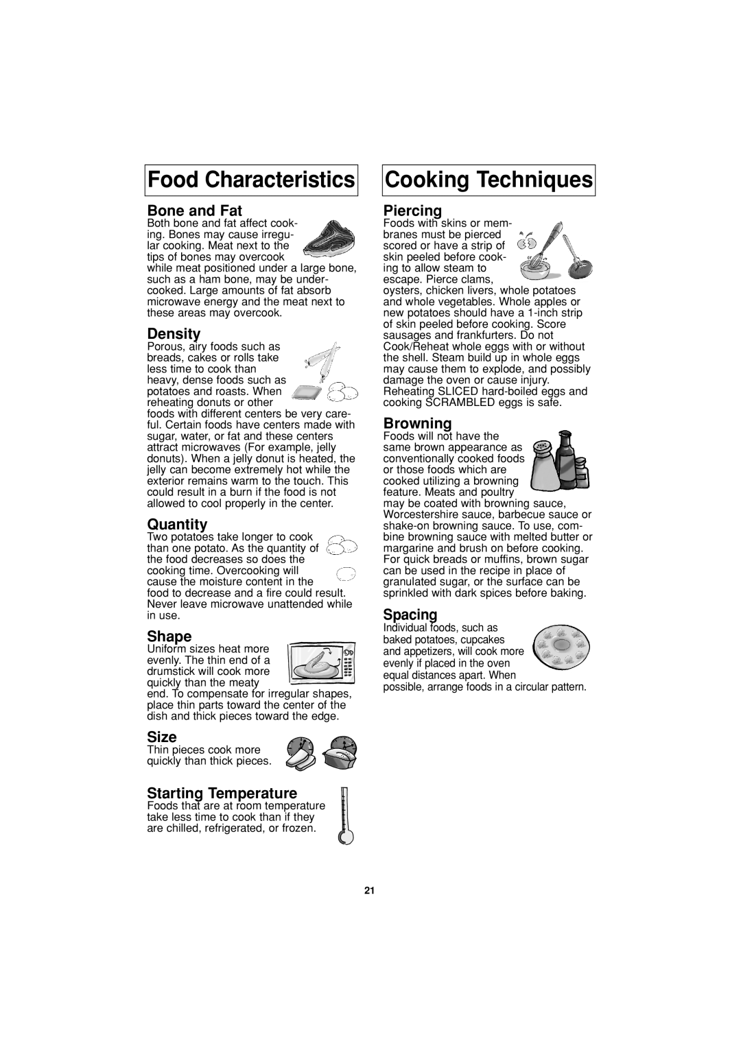 Panasonic NN-H624 operating instructions Food Characteristics Cooking Techniques 