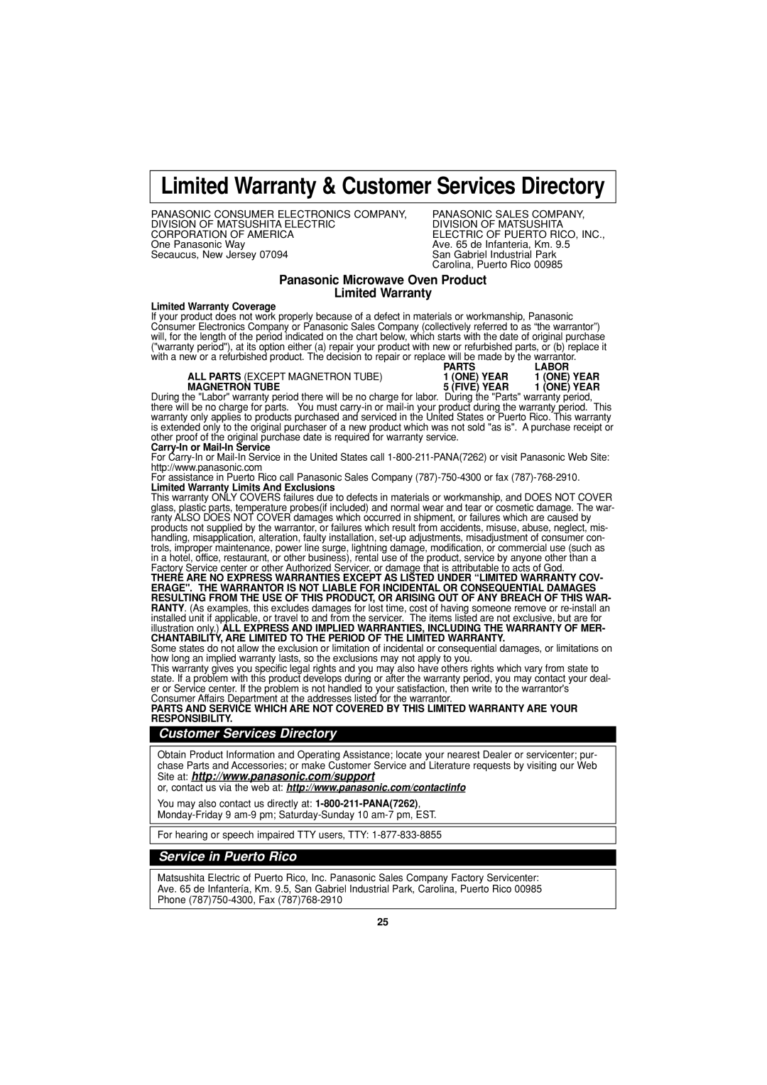 Panasonic NN-H624 Limited Warranty & Customer Services Directory, Panasonic Microwave Oven Product Limited Warranty 