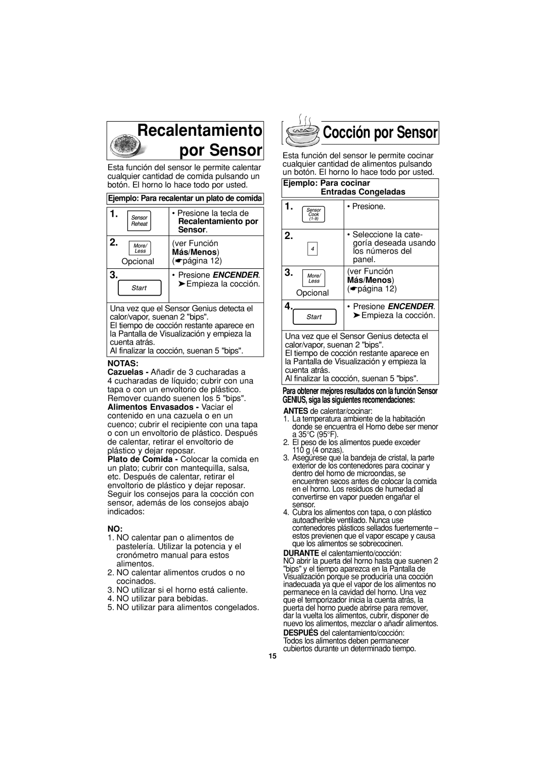 Panasonic NN-H624 Ejemplo Para recalentar un plato de comida, Sensor, Más/Menos, Ejemplo Para cocinar Entradas Congeladas 