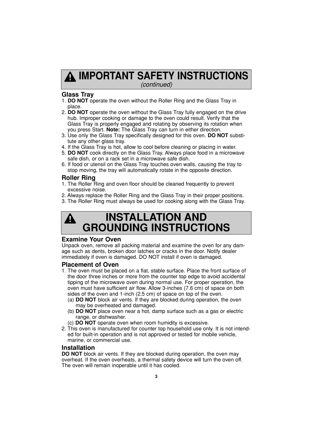 Panasonic NN-H624 operating instructions Glass Tray, Roller Ring, Examine Your Oven, Placement of Oven, Installation 