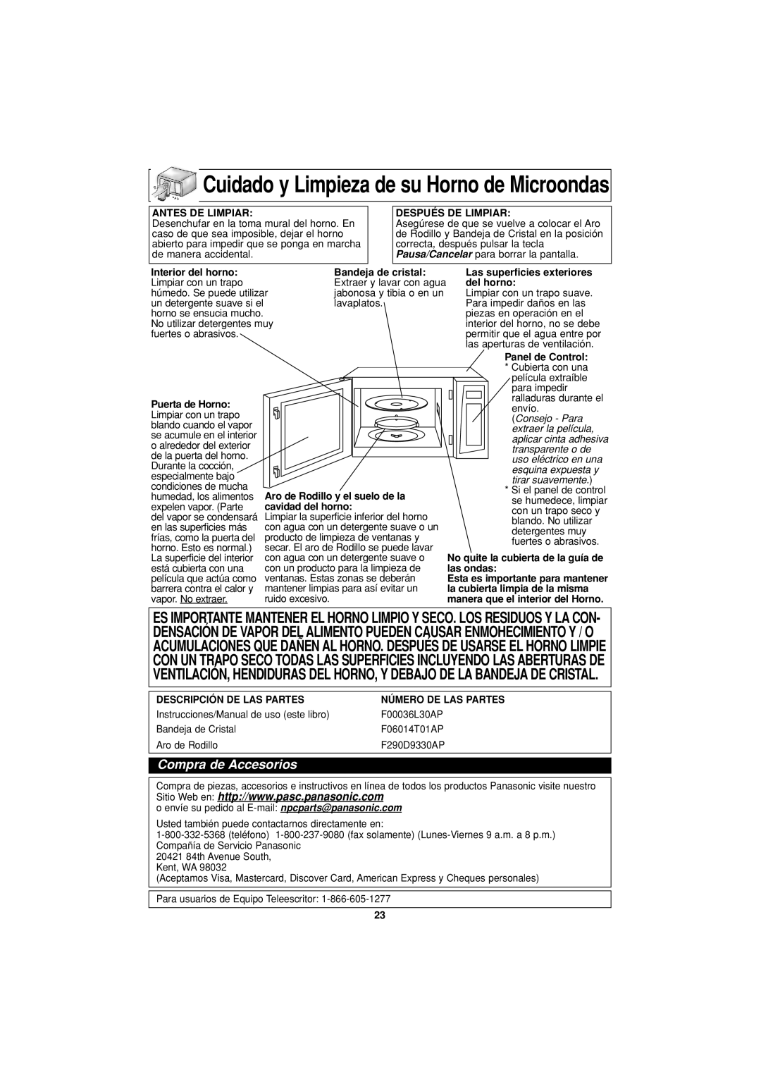 Panasonic NN-H624 operating instructions Cuidado y Limpieza de su Horno de Microondas 