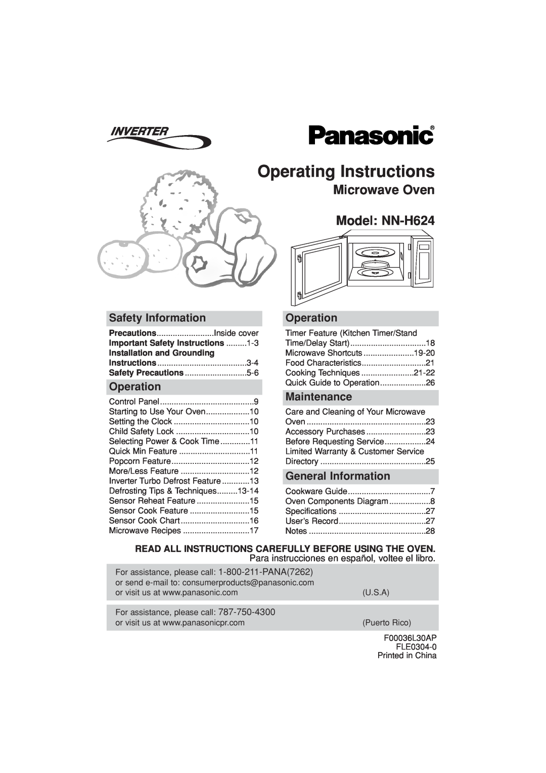 Panasonic operating instructions Operating Instructions, Microwave Oven Model NN-H624, Safety Information, Operation 