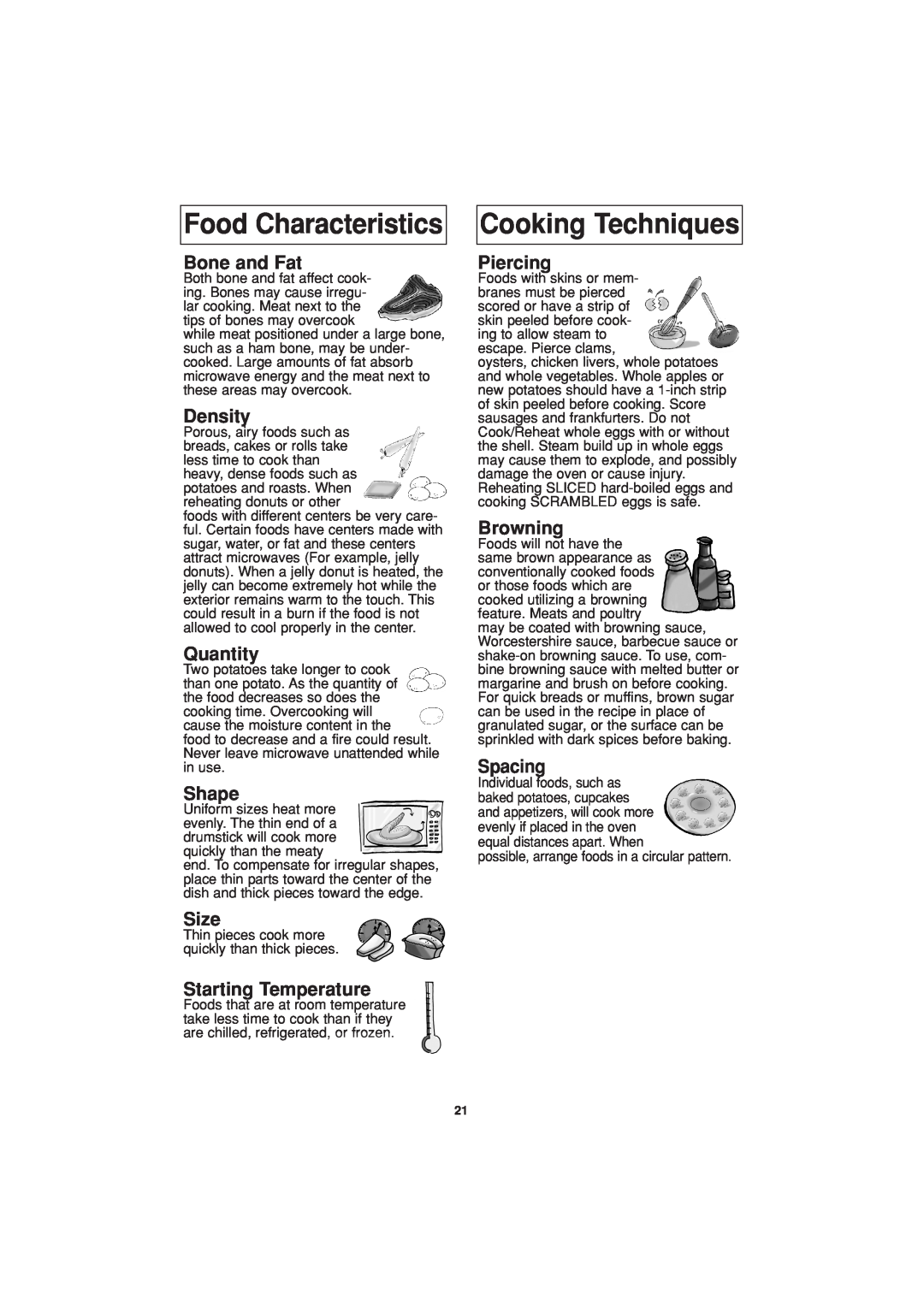 Panasonic NN-H624 Food Characteristics, Cooking Techniques, Bone and Fat, Density, Quantity, Shape, Size, Piercing 
