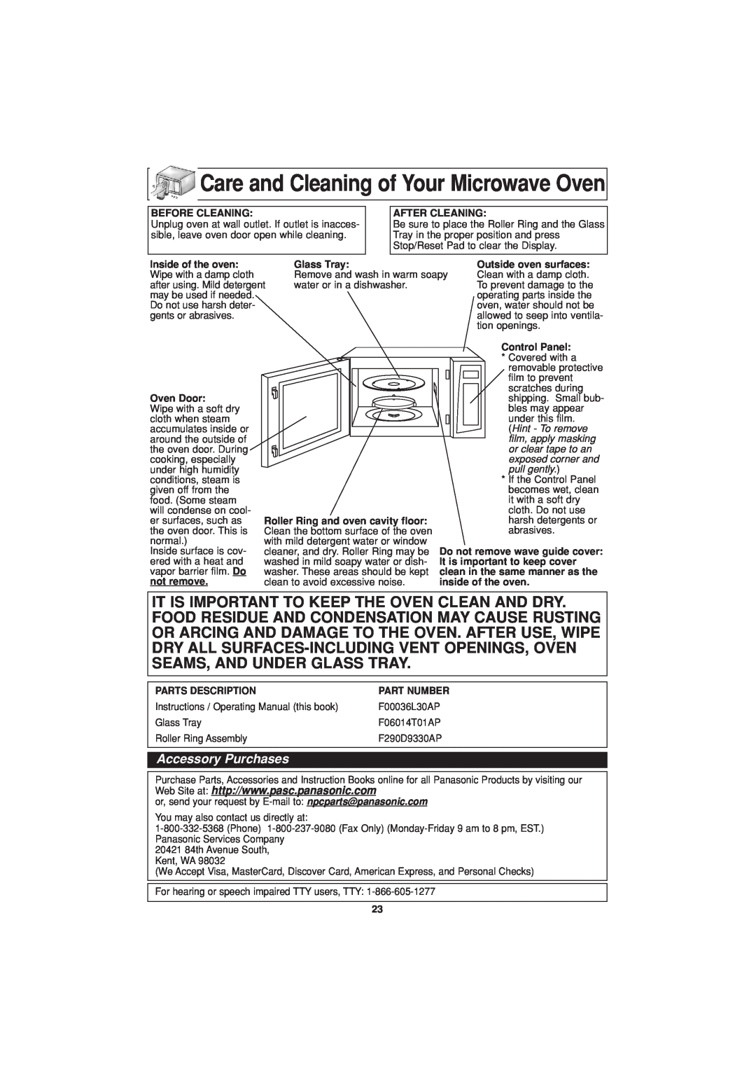 Panasonic NN-H624 operating instructions Care and Cleaning of Your Microwave Oven, Accessory Purchases 