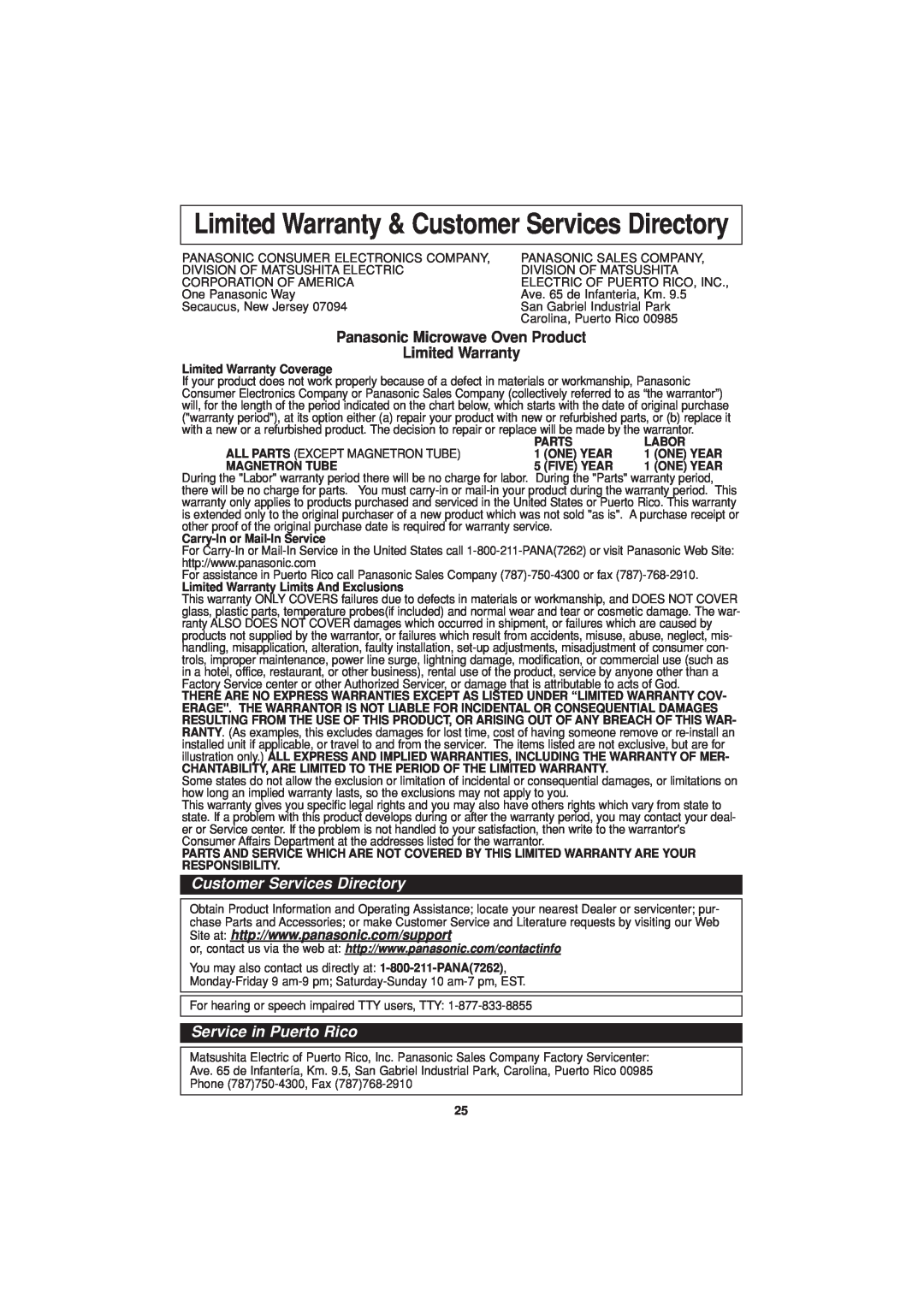 Panasonic NN-H624 operating instructions Limited Warranty & Customer Services Directory, Service in Puerto Rico 
