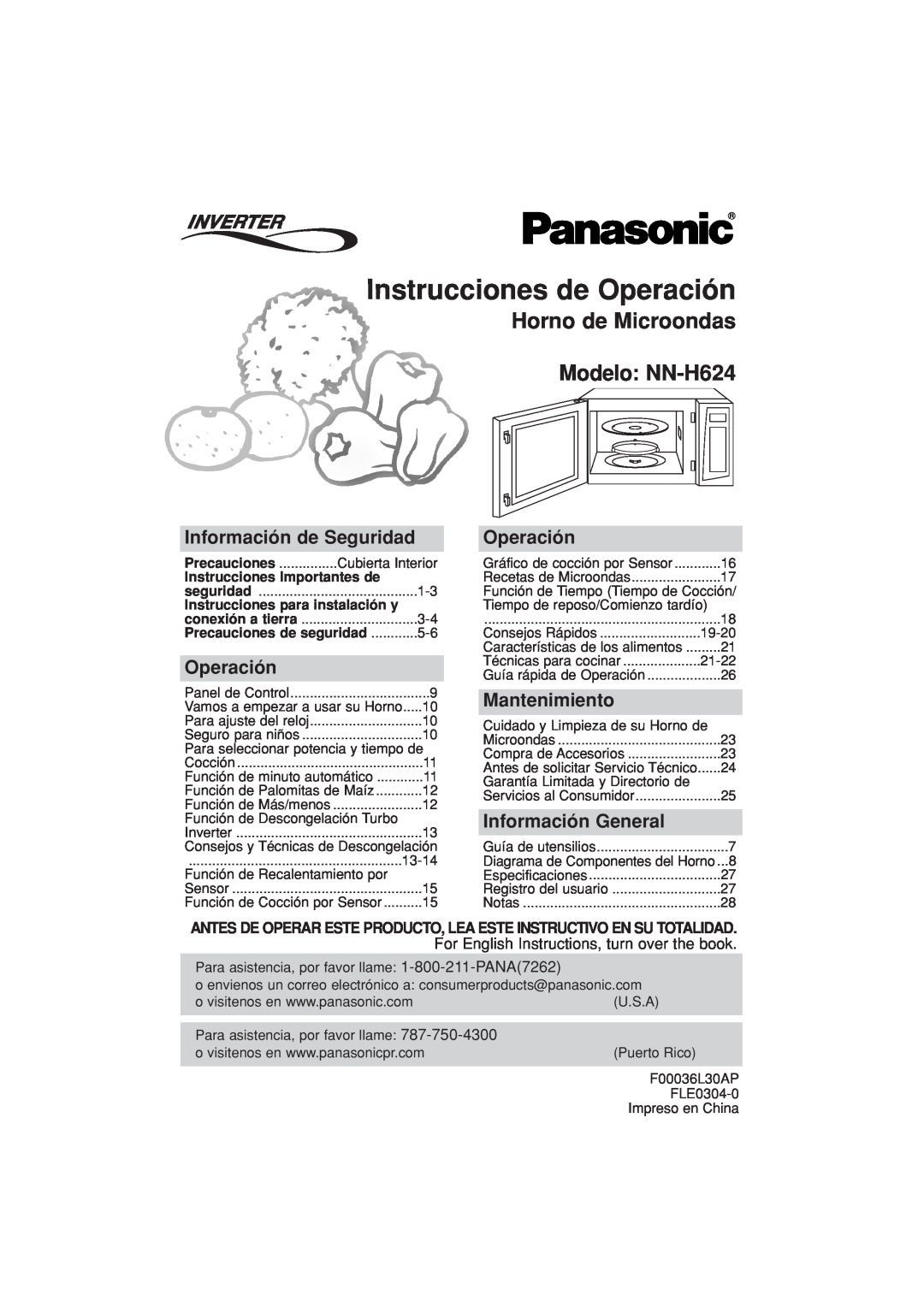 Panasonic Instrucciones de Operación, Horno de Microondas Modelo NN-H624, Información de Seguridad, Mantenimiento 