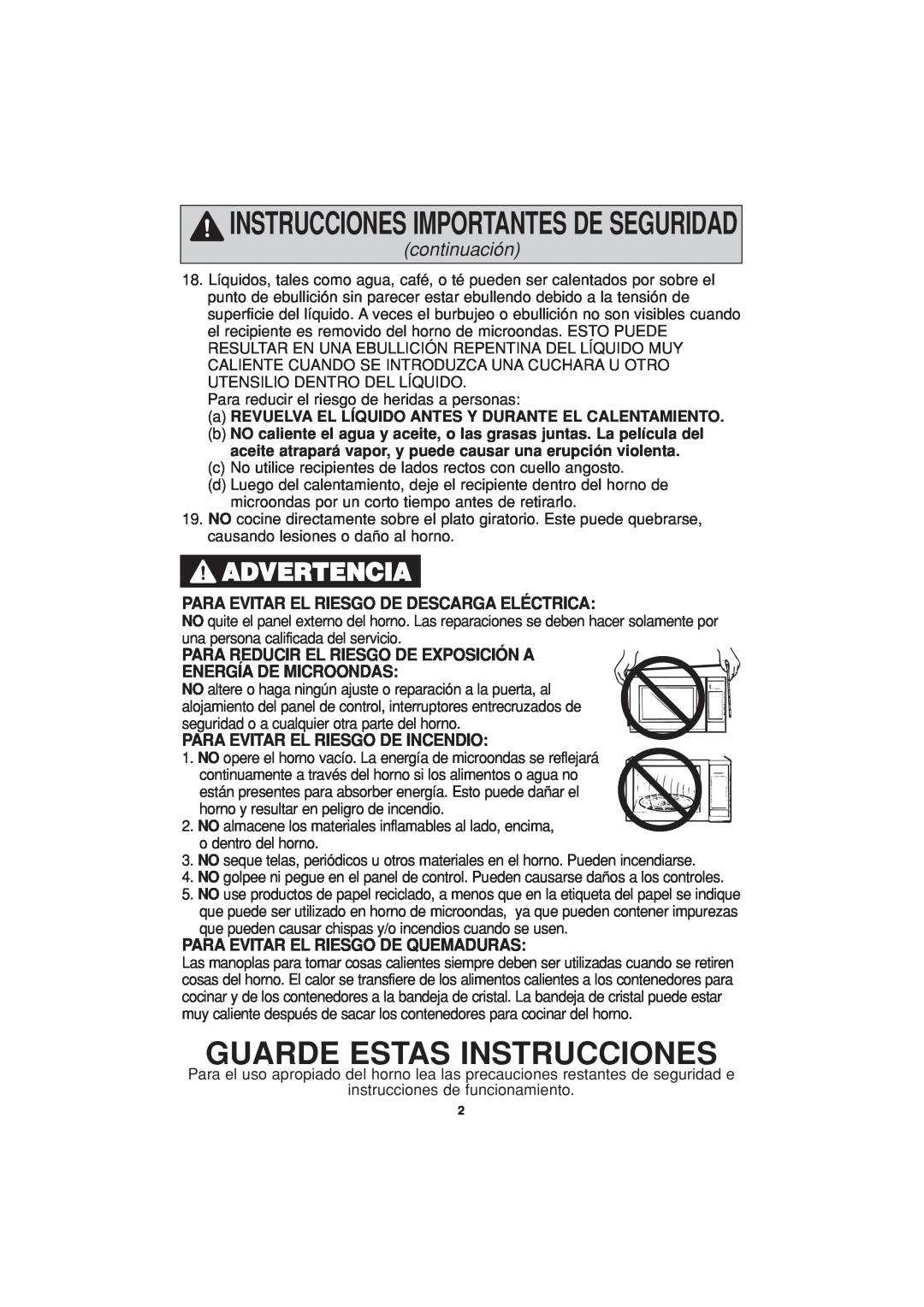 Panasonic NN-H624 Guarde Estas Instrucciones, Advertencia, continuación, Para Evitar El Riesgo De Descarga Eléctrica 