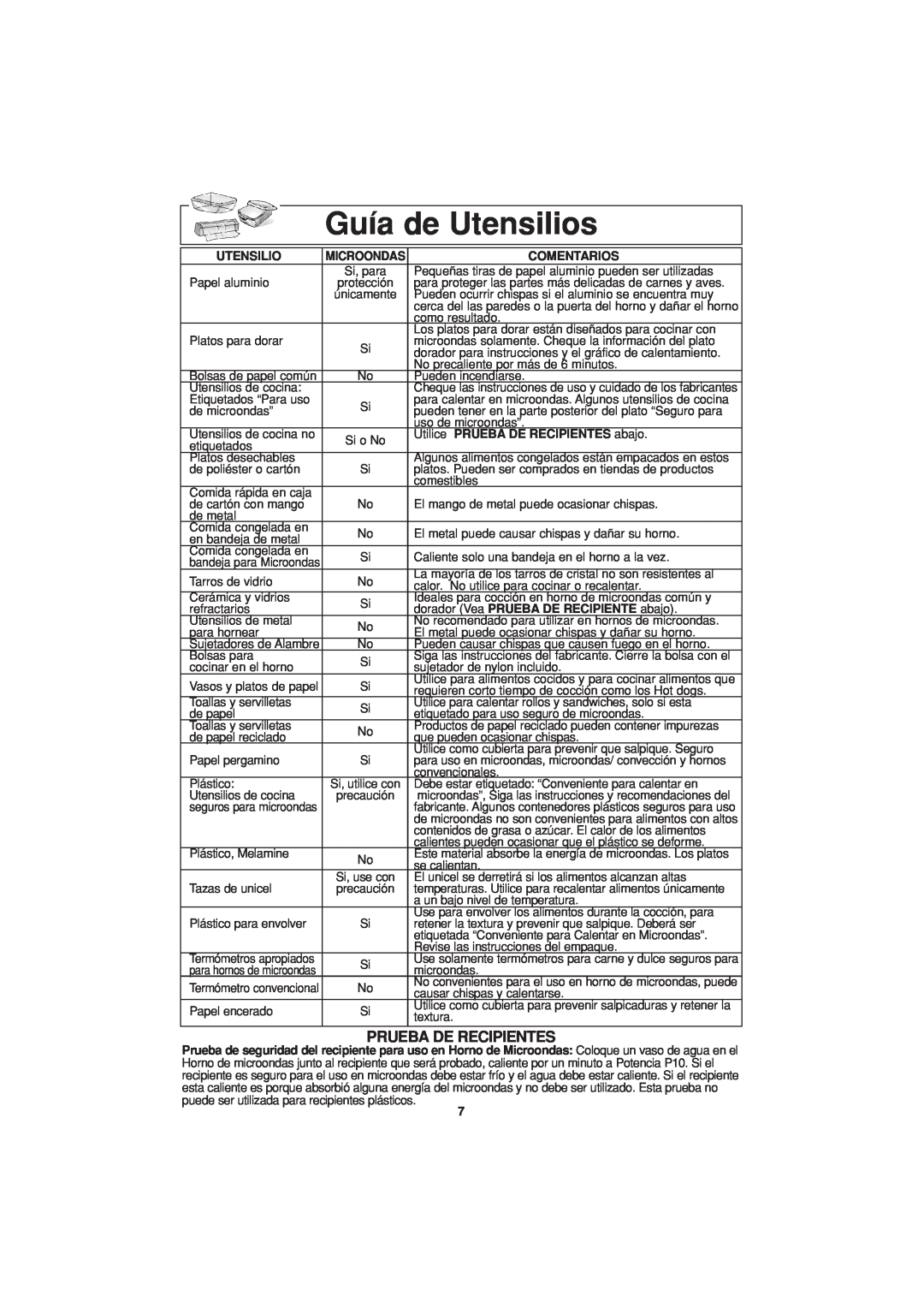 Panasonic NN-H624 operating instructions Guía de Utensilios, Prueba De Recipientes 