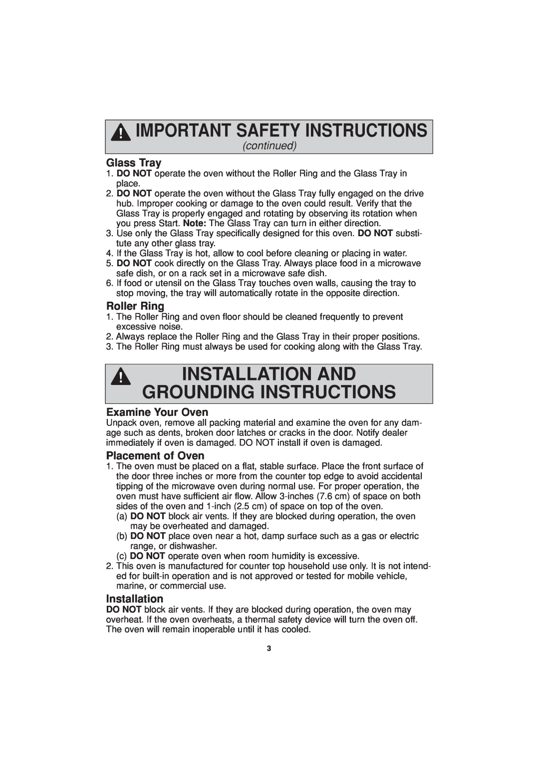 Panasonic NN-H624 Installation And Grounding Instructions, Glass Tray, Roller Ring, Examine Your Oven, Placement of Oven 